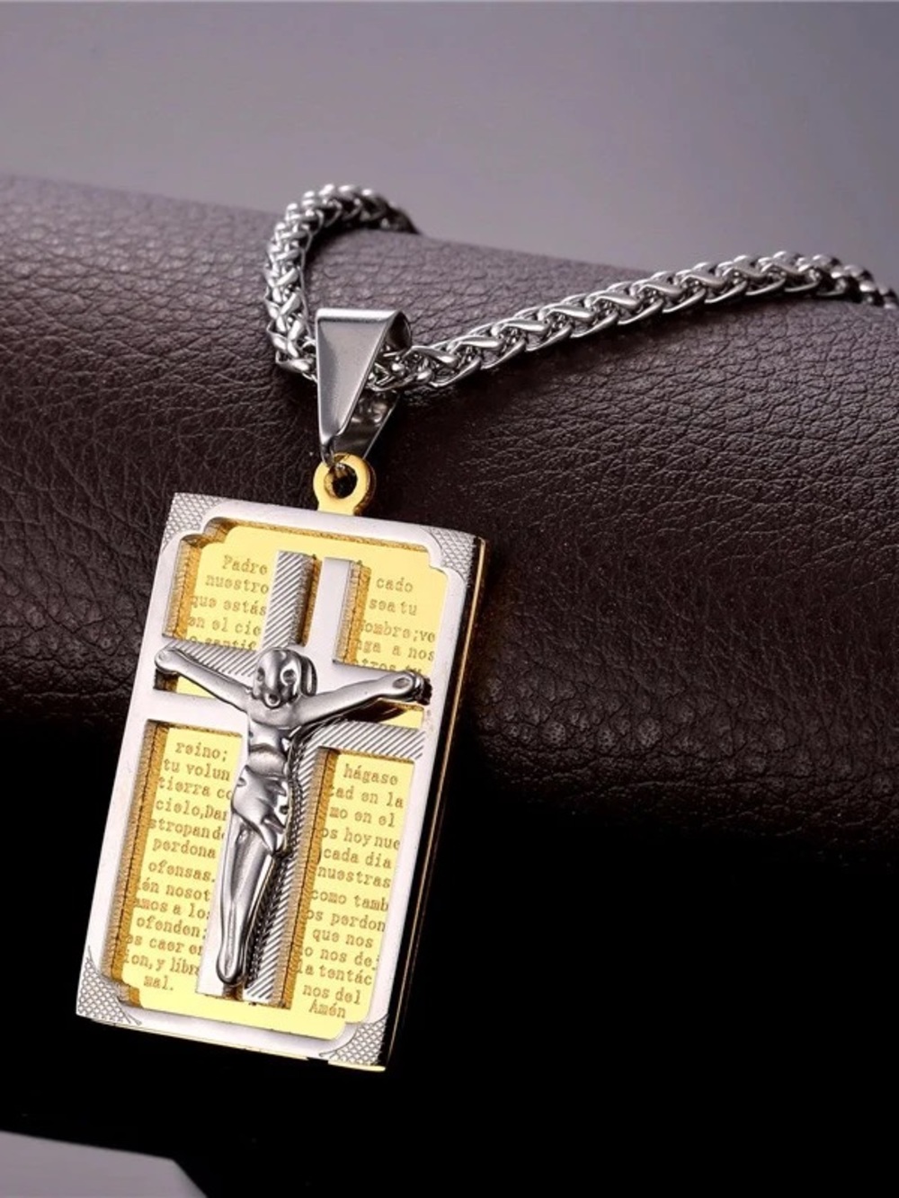 Men's Two-Tone Silver & Gold Crucifix Pendant Necklace stainless steel